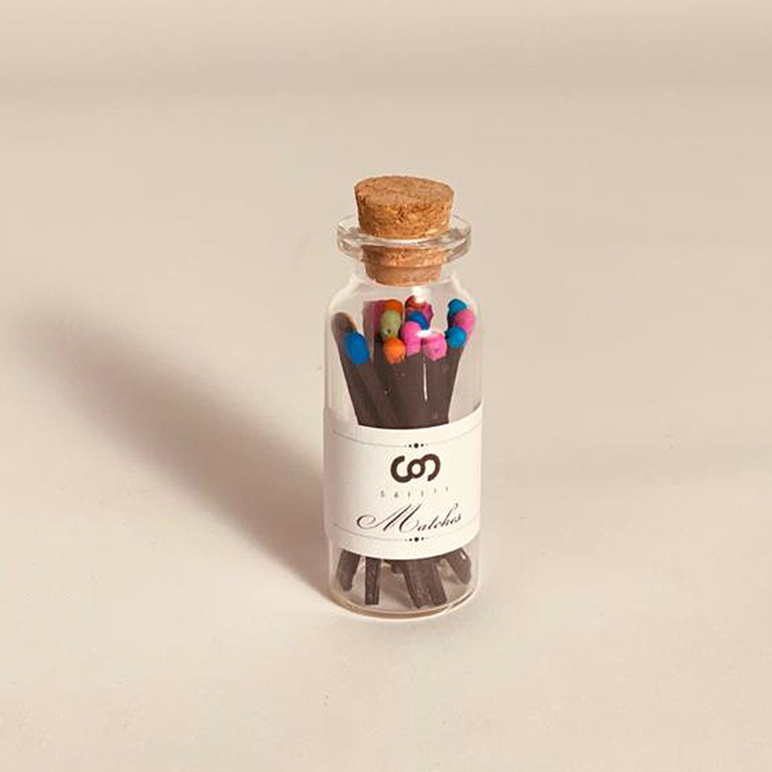 safety matches in a bottle Sophistik with sticker on the bottle to lighting up the candle. small glass cork bottle with matches black with colored tips