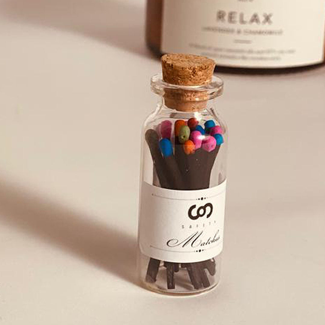 safety matches in a bottle Sophistik with sticker on the bottle to lighting up the candle. small glass cork bottle with matches black with colored tips