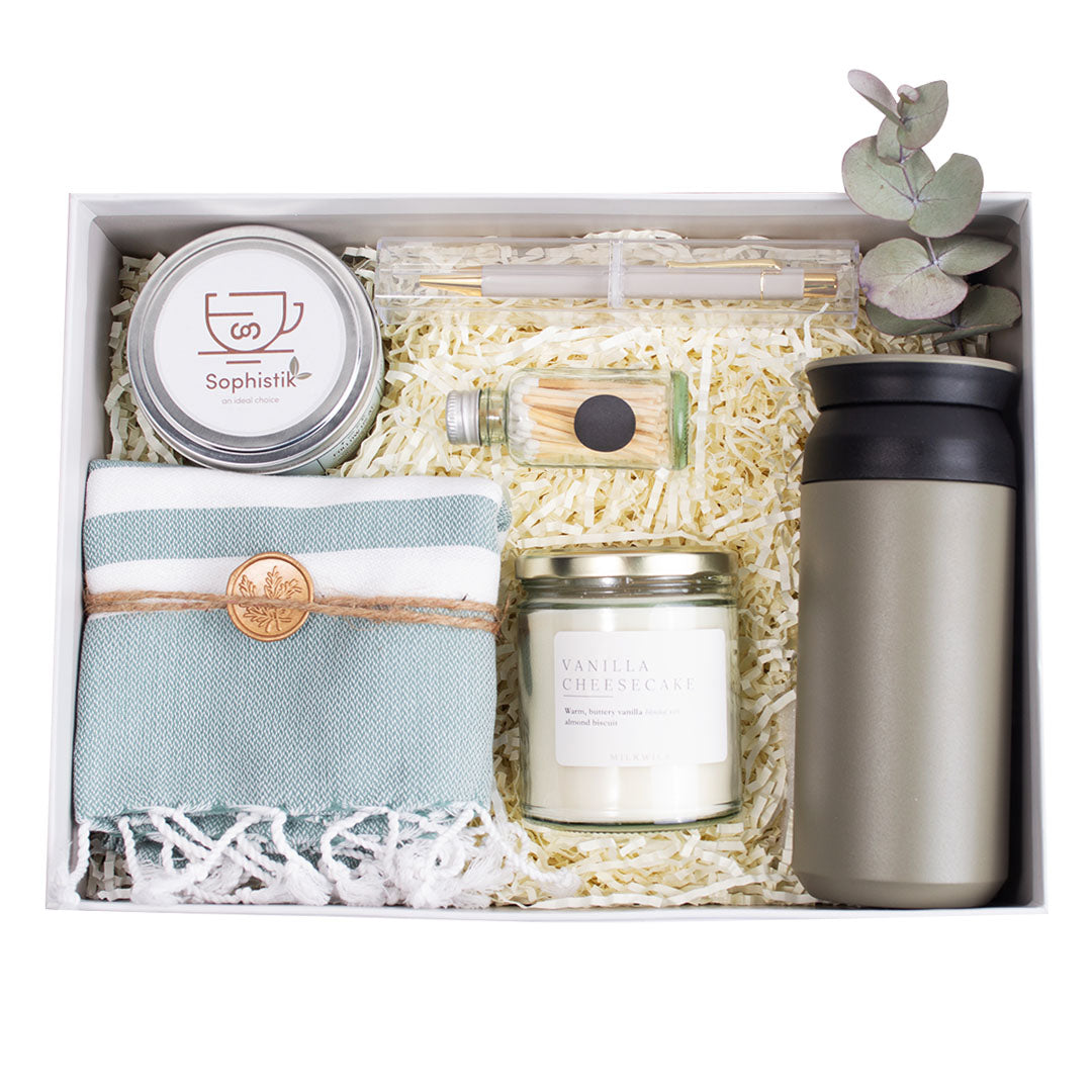 father's day gift box, turkish towel, match in a jar, soy candle, tea, thermos, Sophistik, gift for him, care box hamper, hampers Australia
