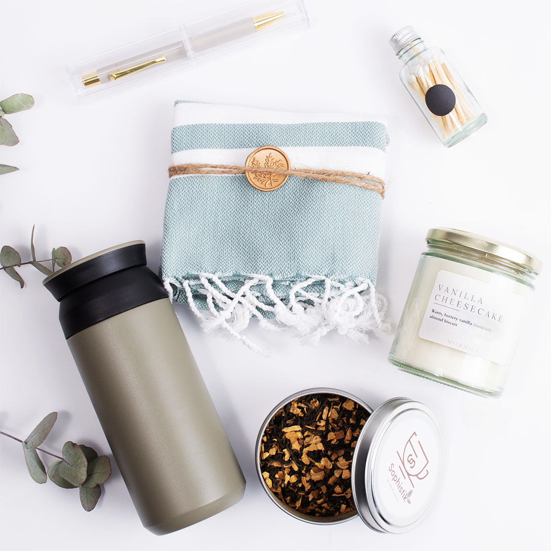 father's day gift box, turkish towel, match in a jar, soy candle, tea, thermos, Sophistik, gift for him, care box hamper, hampers Australia