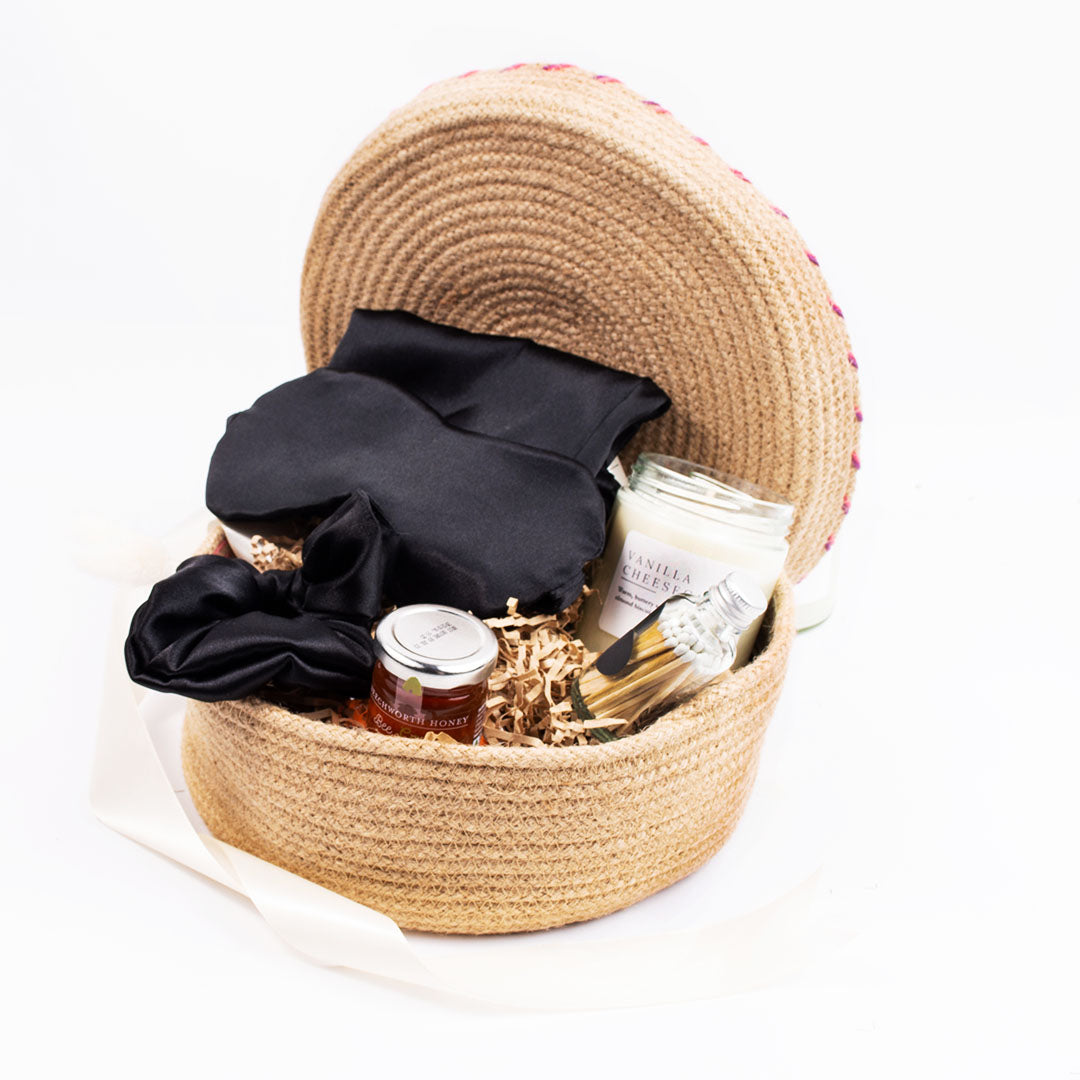 gift basket for all occasion, silk eye mask, silk scrunchie, soy candle, honey, safety matches in a jar