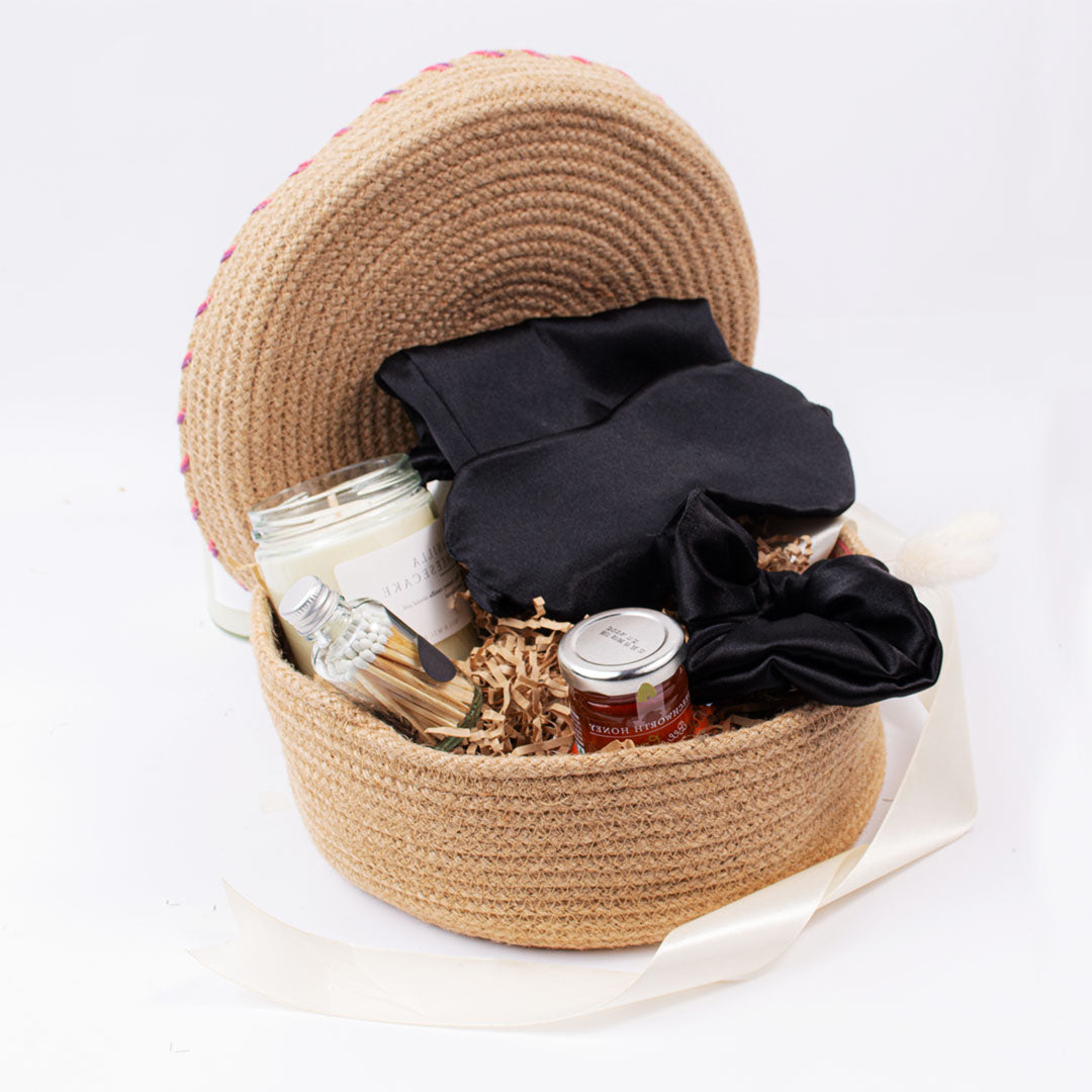gift basket for all occasion, silk eye mask, silk scrunchie, soy candle, honey, safety matches in a jar